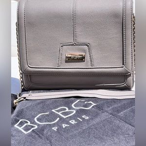 BCBG Paris Gray Grey Faux Leather Shoulder Bag Gold Chain Elegant Evening Formal